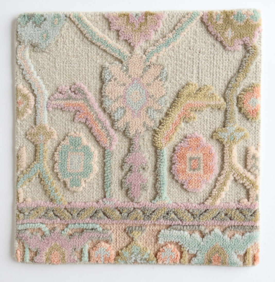 Handknotted embossed wool rug sample in blush, sky blue, and golden tones with raised Oushak pattern – Belle Rug Sample by Locust Lane Rugs