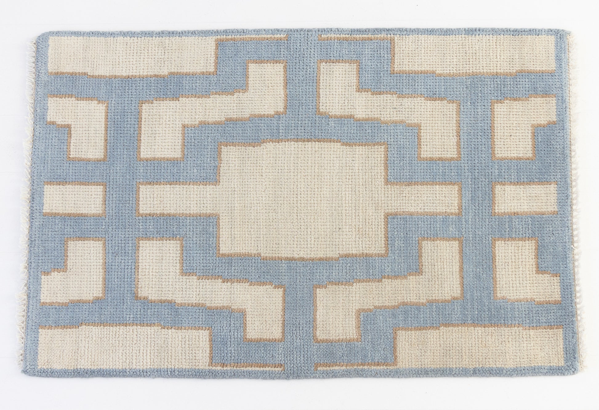 Hand-knotted geometric wool rug in sky blue, ivory, and taupe – Della Mini Rug by Locust Lane Rugs