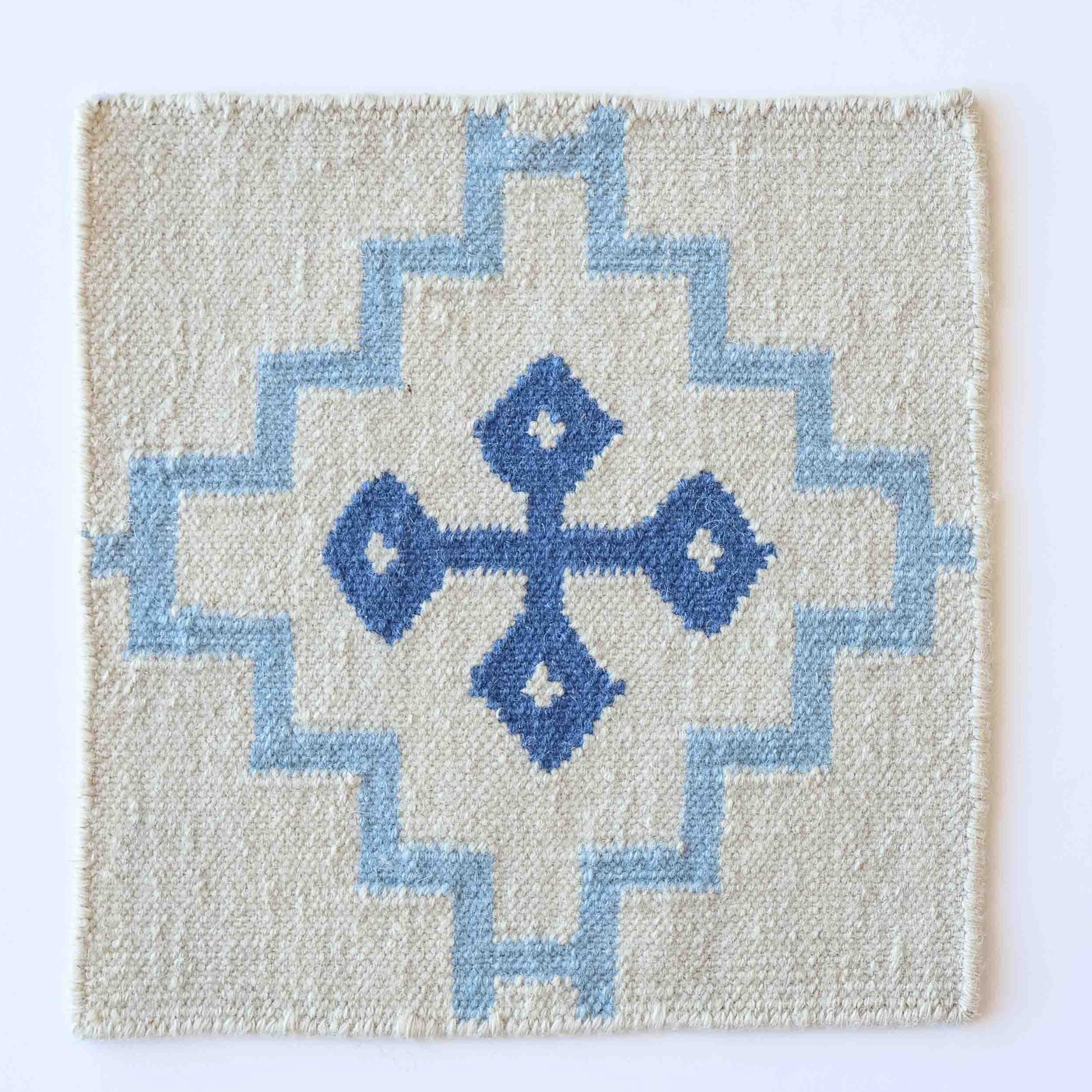 Handwoven wool rug sample in denim blue and cream geometric cross pattern – Denim Cross Flatweave Sample by Locust Lane Rugs