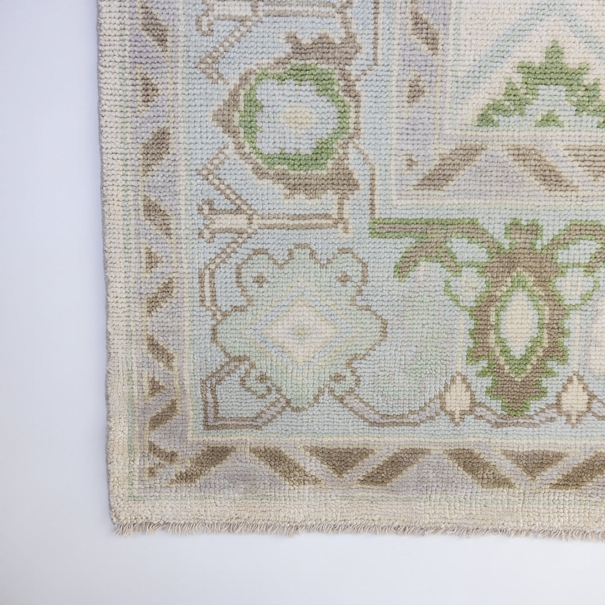 Fern Modern Oushak rug showcasing its decorative geometric border and intricate floral pattern in sage green, pale blue, and ivory.