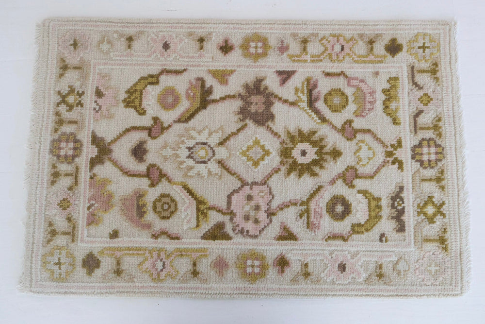 Hand-knotted embossed Oushak rug in blush, olive, and cream tones – Olive Mini by Locust Lane Rugs