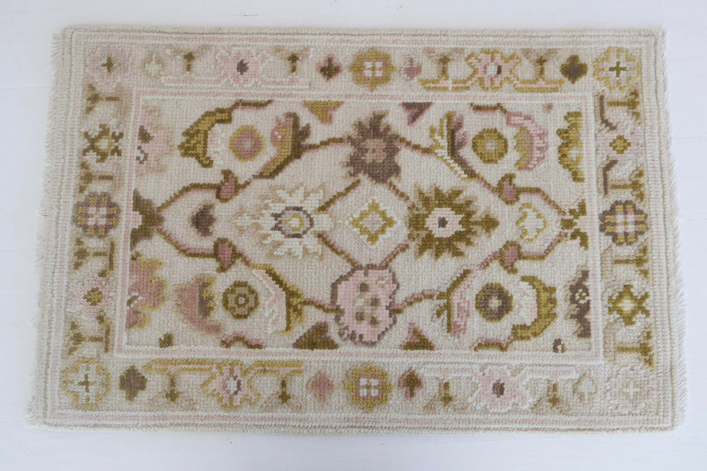 Hand-knotted embossed Oushak rug in blush, olive, and cream tones – Olive Mini by Locust Lane Rugs