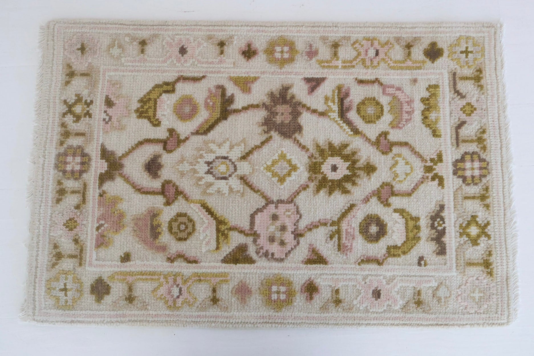 Hand-knotted embossed Oushak rug in blush, olive, and cream tones – Olive Mini by Locust Lane Rugs