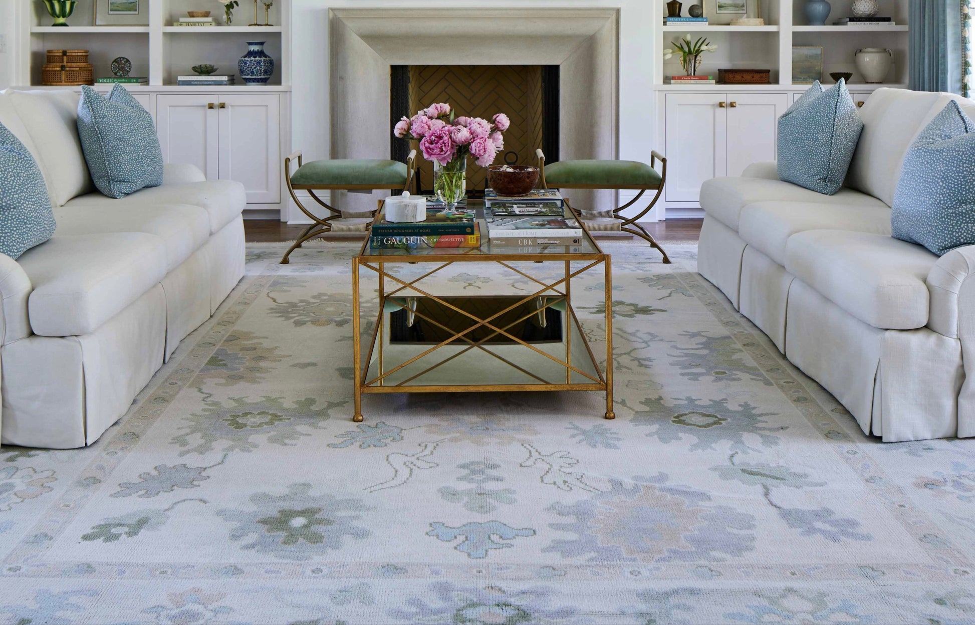 Opal hand-knotted wool rug in soft blue, blush, olive, and ivory from Locust Lane Rugs