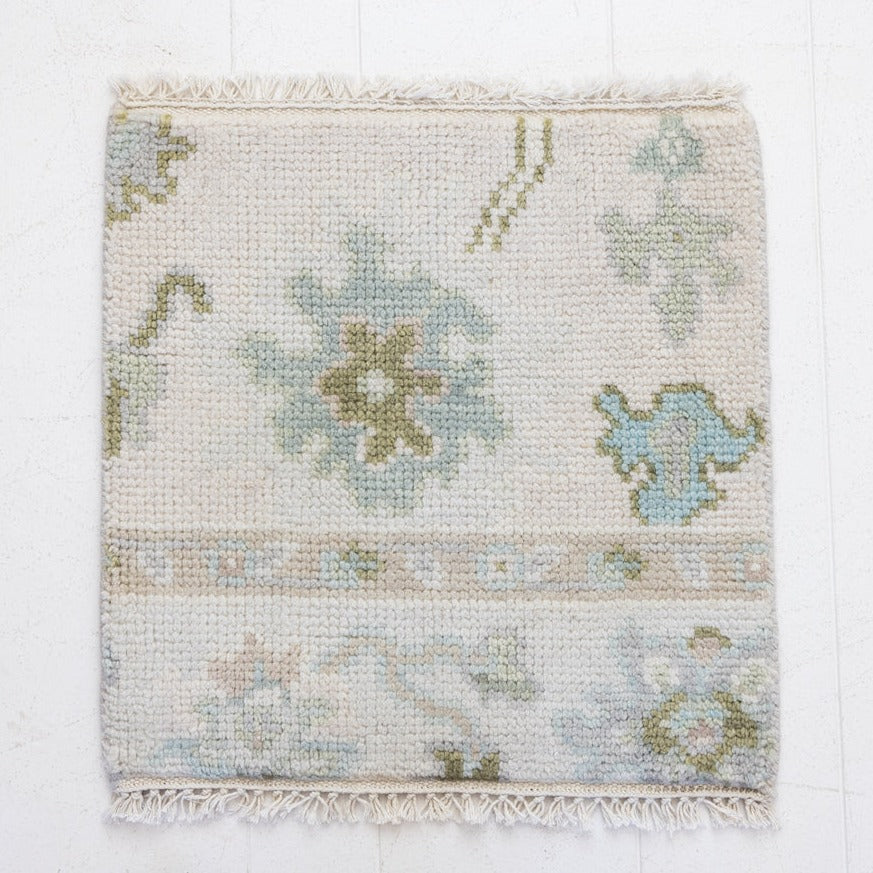 Hand-knotted Oushak rug sample in ivory, blue, and olive wool – Opal Rug Sample by Locust Lane Rugs