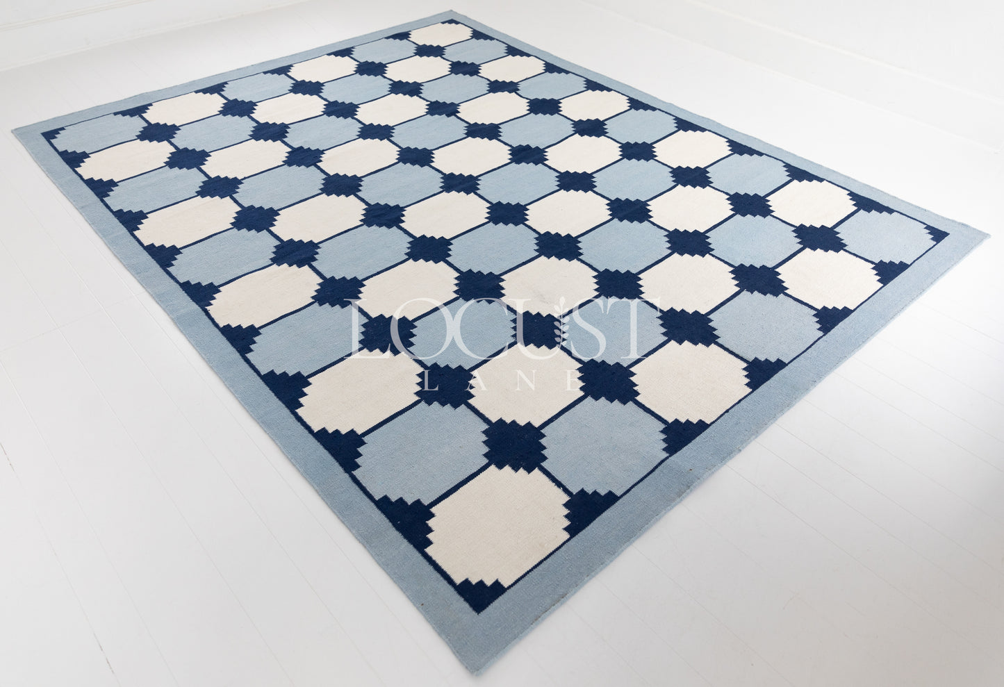 Navy & White Flatweave Dhurrie Rug