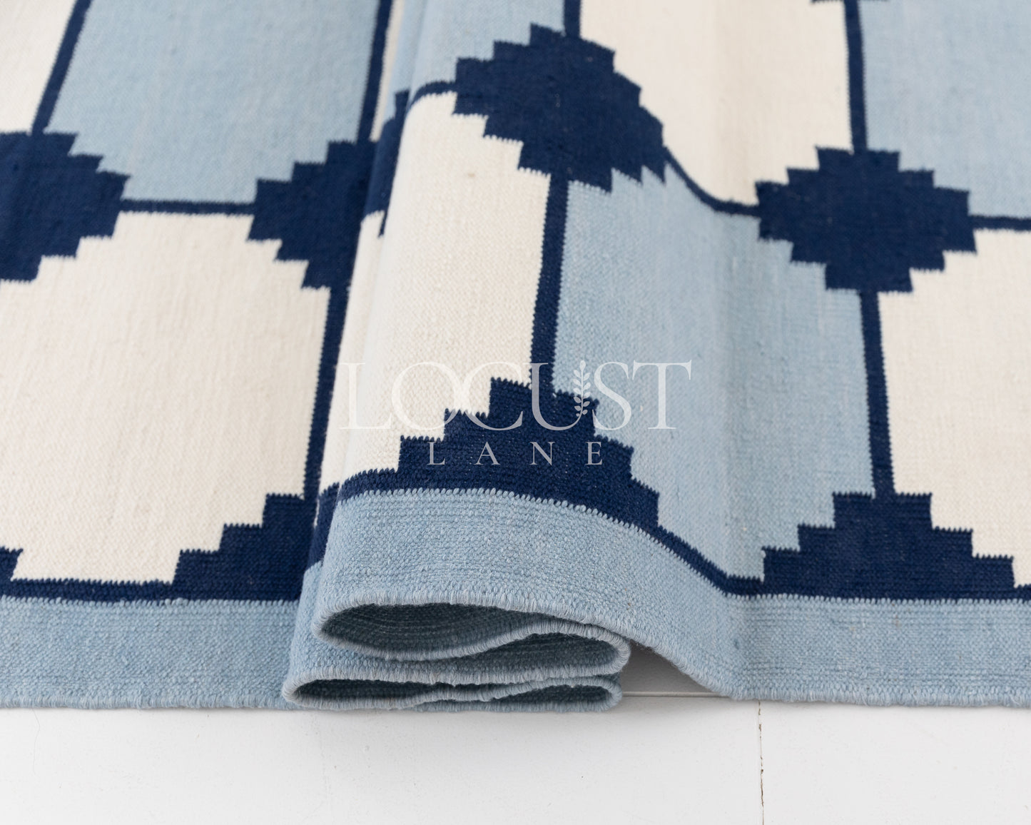 Navy & White Flatweave Dhurrie Rug