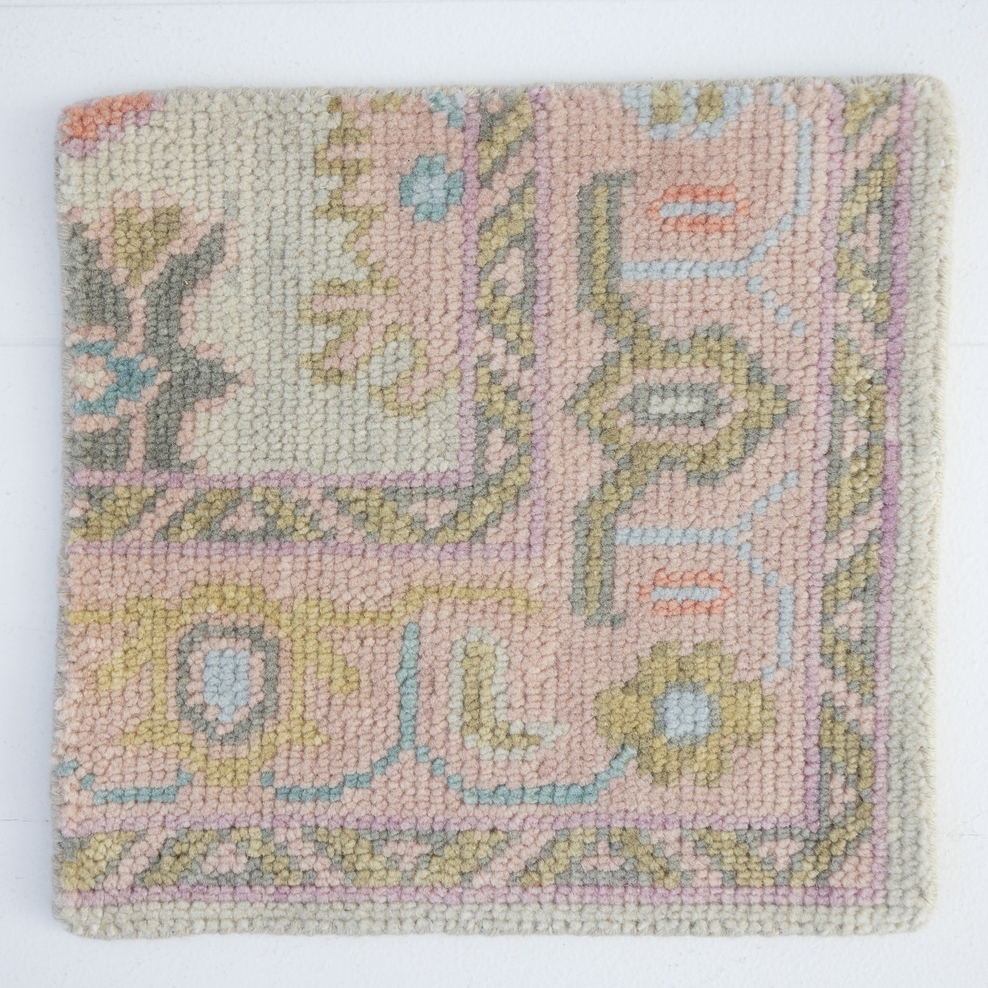 Hand-knotted Oushak rug sample in blush, gold, and soft blue tones – Anabel Rug Sample by Locust Lane Rugs