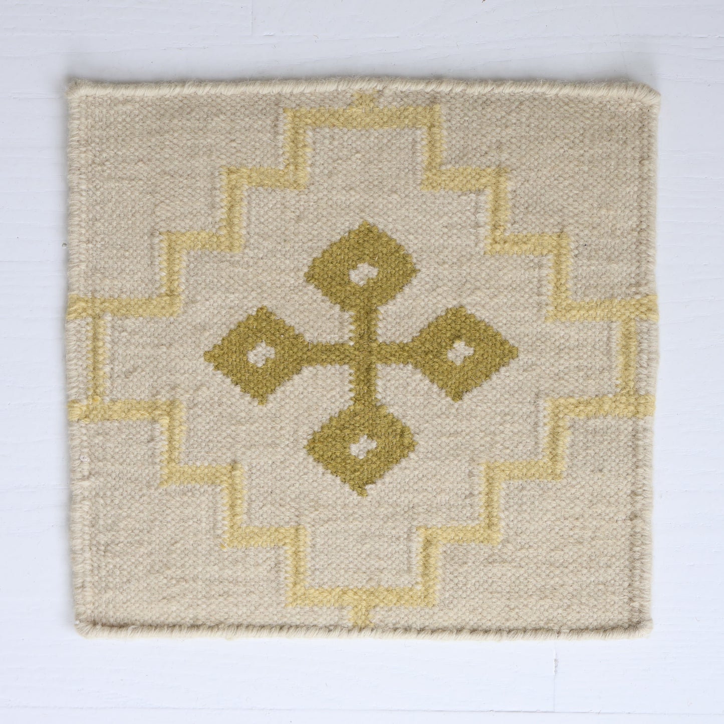 Handwoven wool rug sample in butter yellow and cream geometric pattern – Butter Yellow Flatweave Sample by Locust Lane Rugs