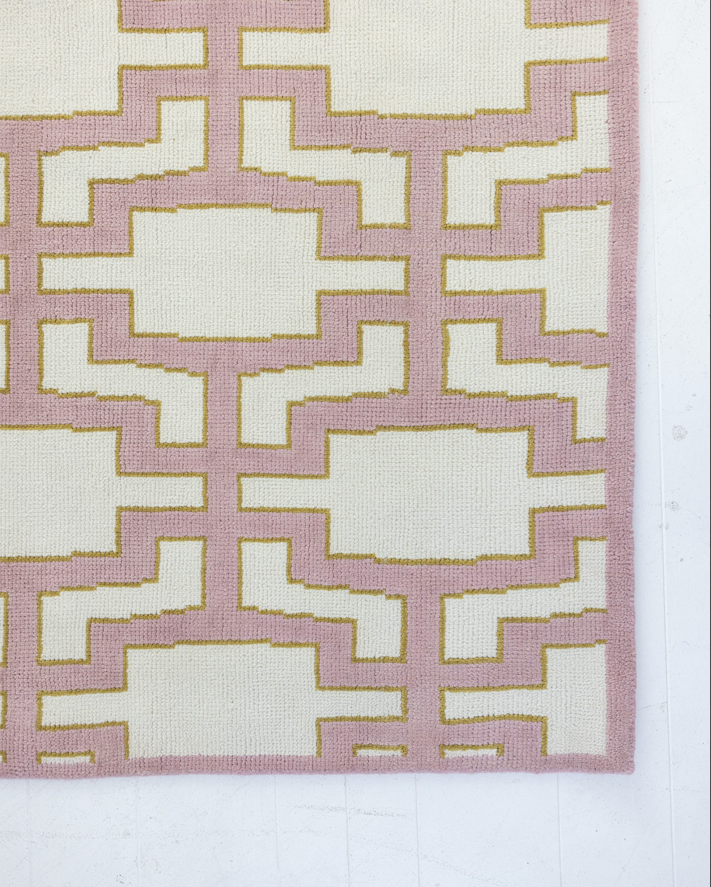 Hand-knotted wool rug with geometric Modern Oushak pattern in pink, ivory, and golden accents – Ella Modern Oushak Rug by Locust Lane Rugs