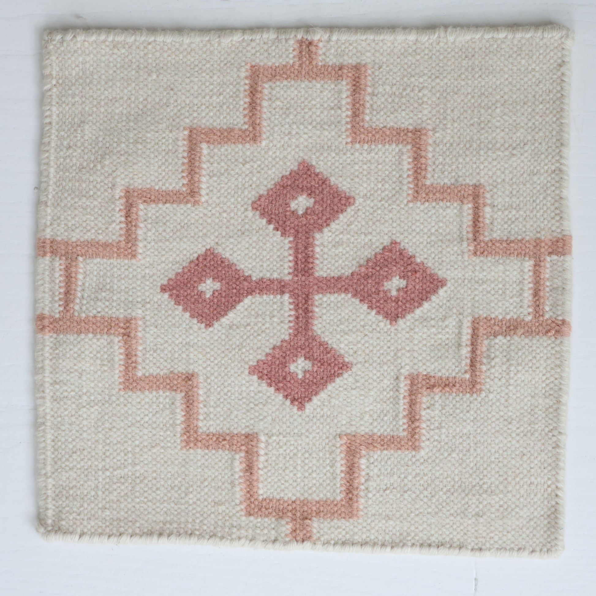 Handwoven wool rug sample in blush and cream geometric pattern – French Rose Flatweave Sample by Locust Lane Rugs
