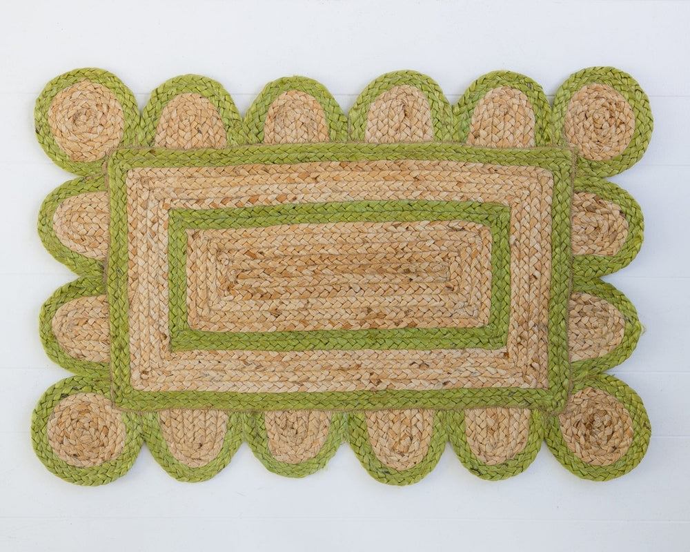 Hand-braided natural jute rug with scalloped grass green border and rectangular center – Grass Green Scalloped Jute Mini Rug by Locust Lane Rugs