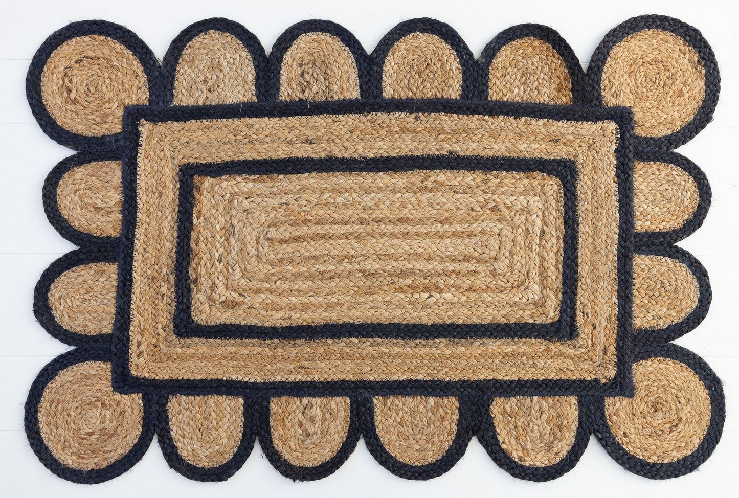 Hand-braided natural jute rug with navy scalloped border and rectangular center – Navy Scalloped Jute Mini Rug by Locust Lane Rugs