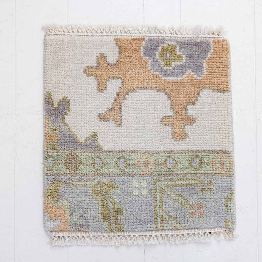Hand-knotted Oushak rug sample in taupe, lavender, sage, and ivory wool – Nellie Rug Sample by Locust Lane Rugs