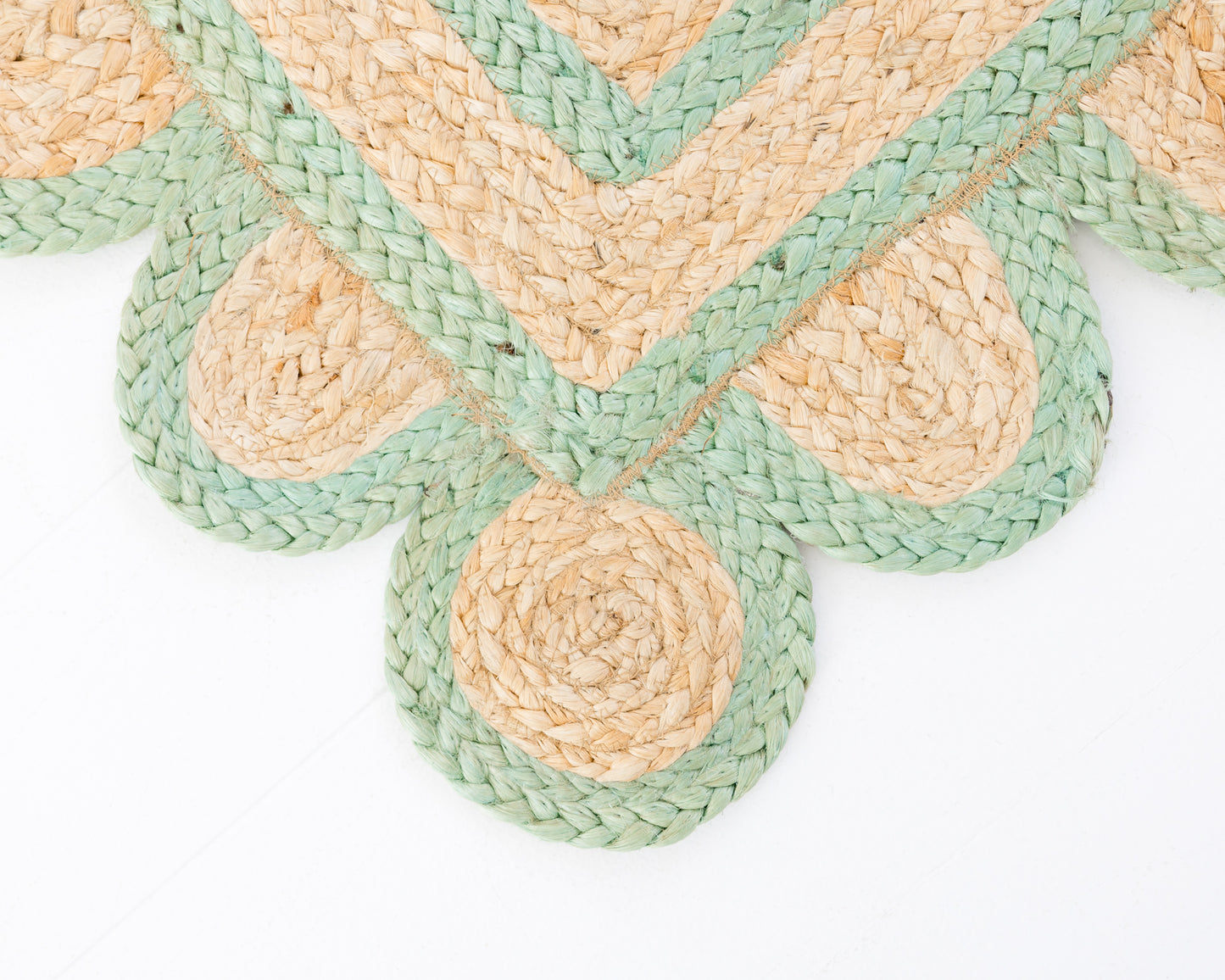 Handwoven 100% jute rug with natural field, teal green scalloped edge, and protective cotton backing – Teal Green Scalloped Edge Jute Rug by Locust Lane Rugs