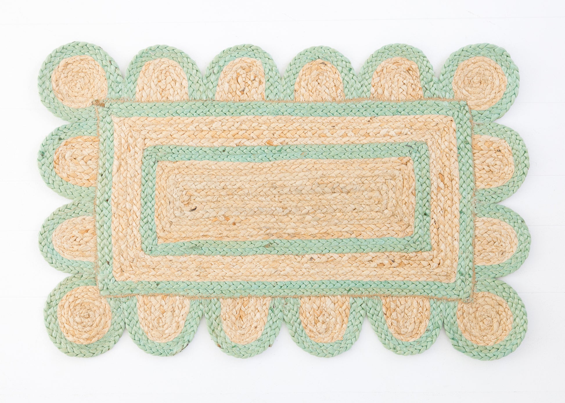 Hand-braided natural jute rug with soft teal scalloped border and rectangular center – Teal Scalloped Jute Mini Rug by Locust Lane Rugs