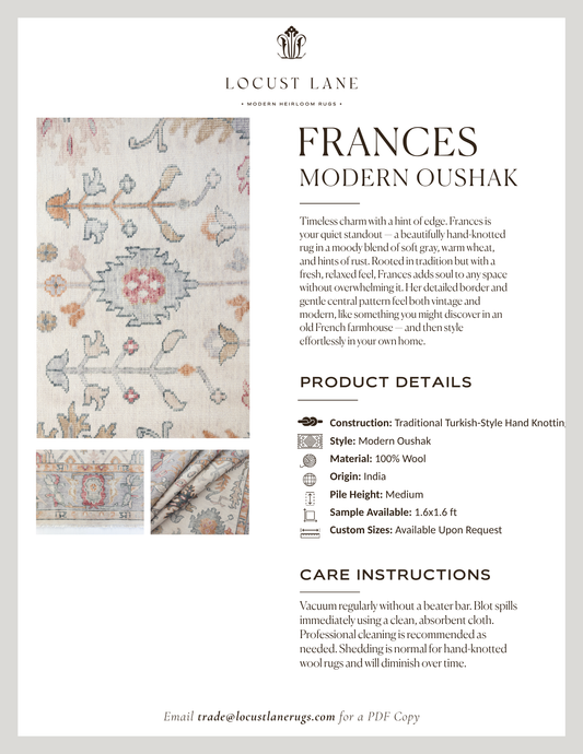 Frances Modern Oushak rug designer specification sheet featuring product details, care instructions, and close-up images of the traditionally hand-knotted wool rug with an antique finish.