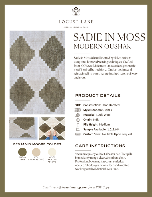 Sadie Moss Modern Oushak rug designer specification sheet featuring product details, Benjamin Moore color palette, care instructions, and close-up images of the hand-knotted wool rug.