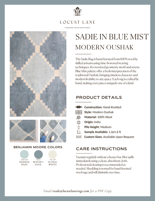 Sadie Blue Mist Modern Oushak rug designer specification sheet featuring product details, Benjamin Moore color palette, care instructions, and close-up images of the hand-knotted wool rug.