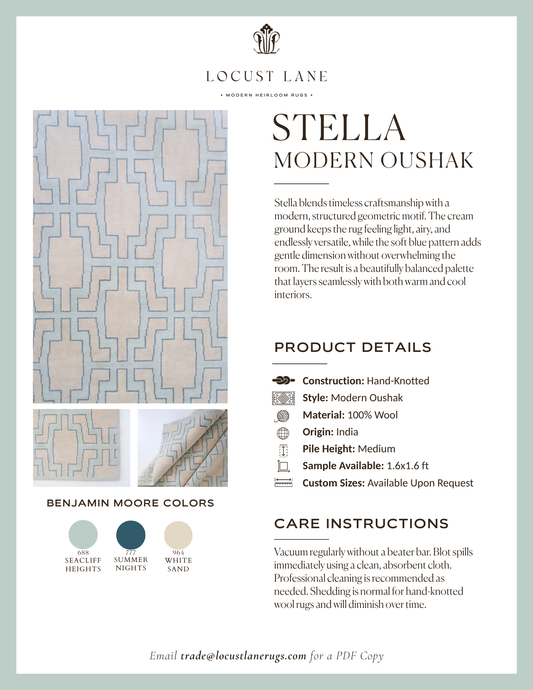 Stella Modern Oushak rug designer specification sheet featuring product details, Benjamin Moore color palette, care instructions, and close-up images of the handcrafted wool rug.