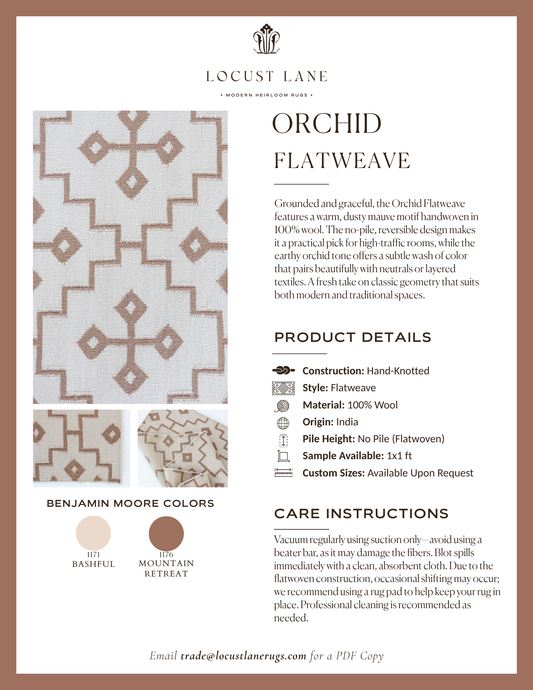 Orchid Flatweave rug designer specification sheet featuring product details, Benjamin Moore color palette, care instructions, and close-up images of the handcrafted wool flatweave rug.