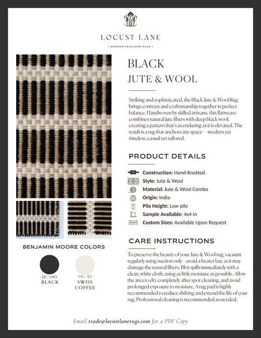 Black Jute & Wool rug designer specification sheet featuring product details, Benjamin Moore color palette, care instructions, and close-up images of the handcrafted jute and wool rug.