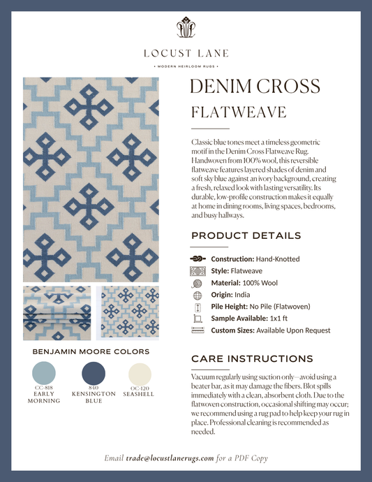 Denim Cross Flatweave rug designer specification sheet featuring product details, Benjamin Moore color palette, care instructions, and close-up images of the handcrafted wool flatweave rug.