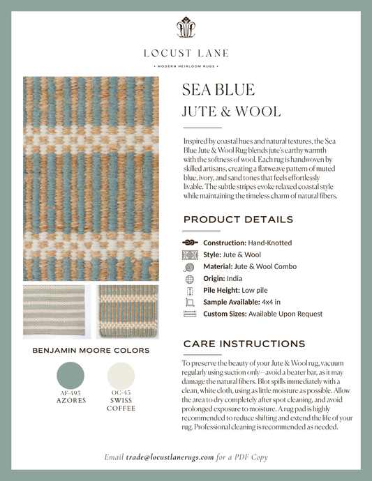 Sea Blue Jute & Wool rug designer specification sheet featuring product details, Benjamin Moore color palette, care instructions, and close-up images of the handcrafted jute and wool rug.
