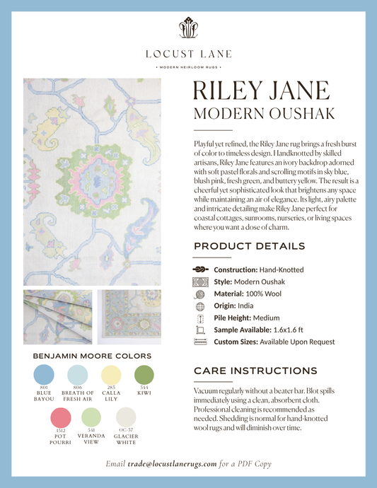 Riley Jane Modern Oushak rug designer specification sheet featuring product details, Benjamin Moore color palette, care instructions, and close-up images of the handcrafted wool rug.