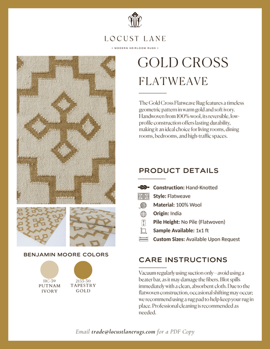 Gold Cross Flatweave rug designer specification sheet featuring product details, Benjamin Moore color palette, care instructions, and close-up images of the handcrafted wool flatweave rug.