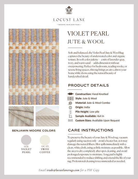 Violet Pearl Jute & Wool rug designer specification sheet featuring product details, Benjamin Moore color palette, care instructions, and close-up images of the handcrafted jute and wool rug.
