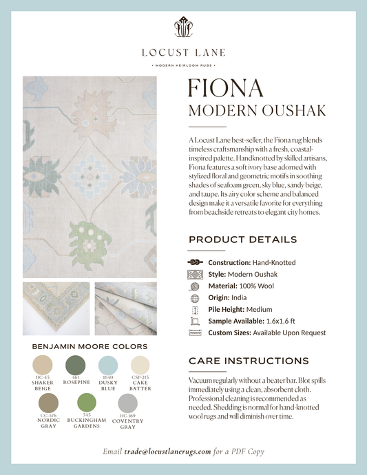 Fiona Modern Oushak rug designer specification sheet featuring product details, Benjamin Moore color palette, care instructions, and close-up images of the handcrafted wool rug.