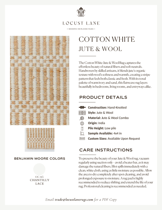 Cotton White Jute & Wool rug designer specification sheet featuring product details, Benjamin Moore color palette, care instructions, and close-up images of the handcrafted jute and wool rug.