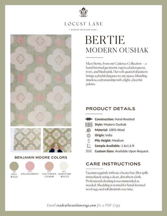 Bertie Modern Oushak rug designer specification sheet featuring product details, Benjamin Moore color palette, care instructions, and close-up images of the handcrafted wool rug.