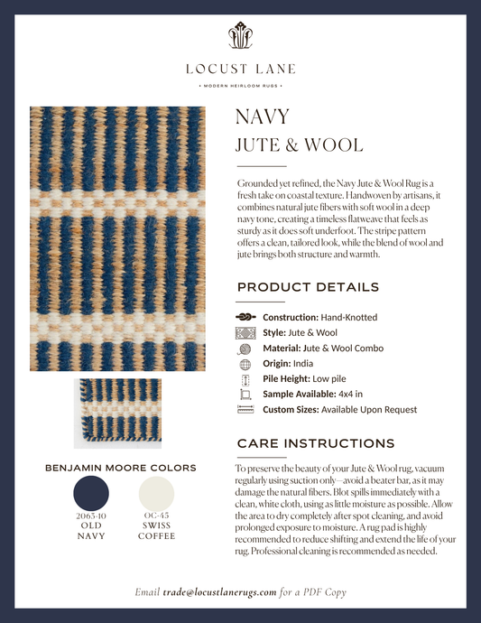 Navy Jute & Wool rug designer specification sheet featuring product details, Benjamin Moore color palette, care instructions, and close-up images of the handcrafted jute and wool rug.