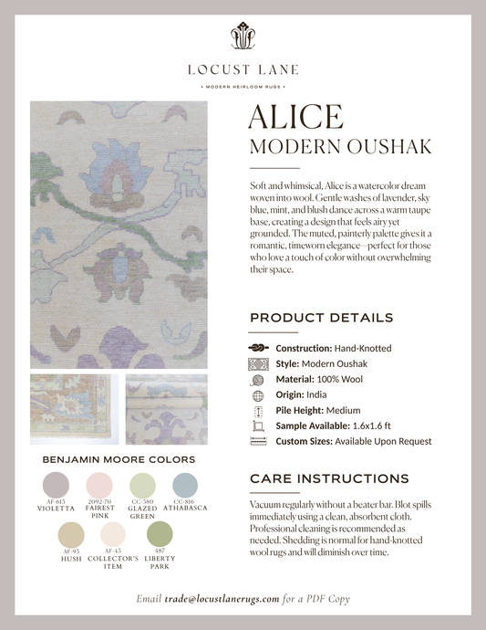 Alice Modern Oushak rug designer specification sheet featuring product details, Benjamin Moore color palette, care instructions, and close-up images of the handcrafted wool rug.