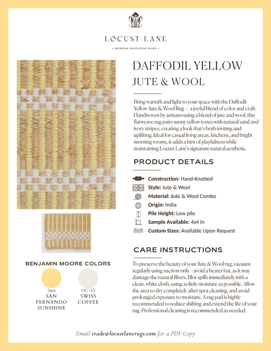 Daffodil Yellow Jute & Wool rug designer specification sheet featuring product details, Benjamin Moore color palette, care instructions, and close-up images of the handcrafted jute and wool rug.