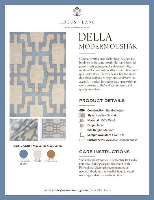 Della Modern Oushak rug designer specification sheet featuring product details, Benjamin Moore color palette, care instructions, and close-up images of the handcrafted wool rug.