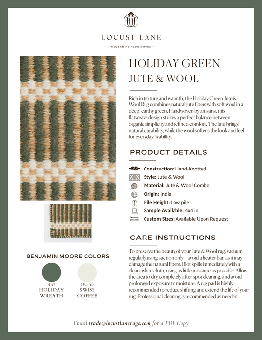 Holiday Green Jute & Wool rug designer specification sheet featuring product details, Benjamin Moore color palette, care instructions, and close-up images of the handcrafted jute and wool rug.