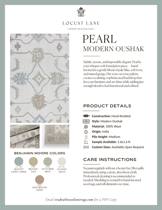 Pearl Modern Oushak rug designer specification sheet featuring product details, Benjamin Moore color palette, care instructions, and close-up images of the handcrafted wool rug.