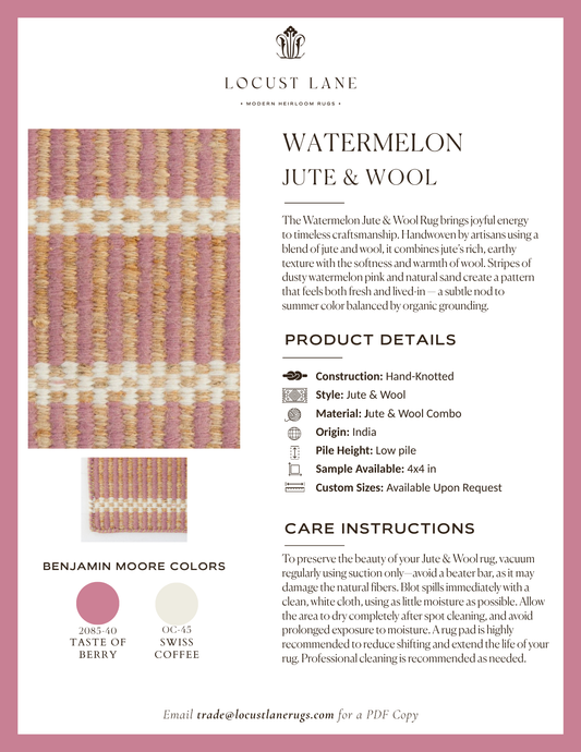 Watermelon Jute & Wool rug designer specification sheet featuring product details, Benjamin Moore color palette, care instructions, and close-up images of the handcrafted jute and wool rug.