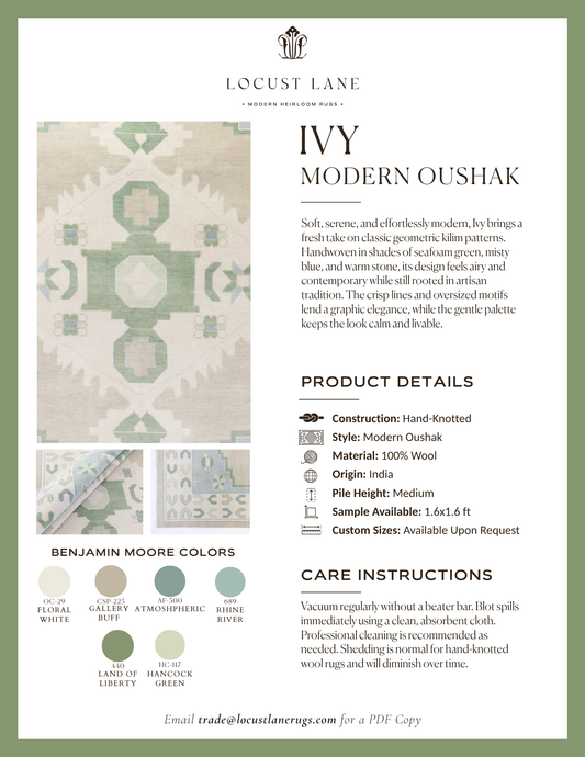 Ivy Modern Oushak rug designer specification sheet featuring product details, Benjamin Moore color palette, care instructions, and close-up images of the handcrafted wool rug.