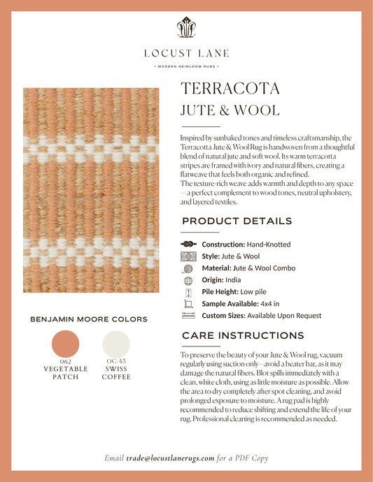 Terracotta Jute & Wool rug designer specification sheet featuring product details, Benjamin Moore color palette, care instructions, and close-up images of the handcrafted jute and wool rug.