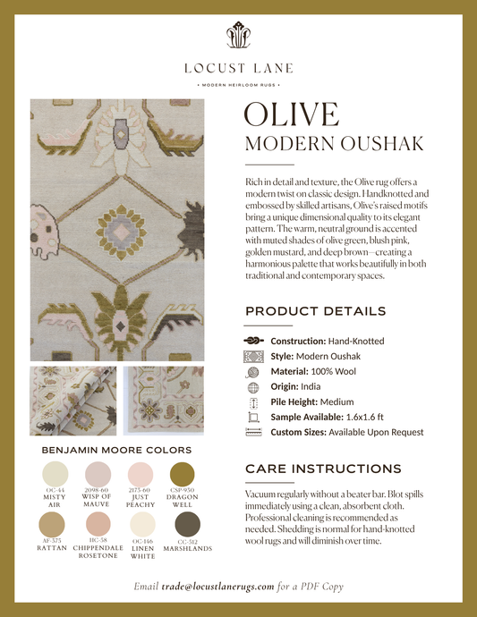 Olive Modern Oushak rug designer specification sheet featuring product details, Benjamin Moore color palette, care instructions, and close-up images of the embossed handcrafted wool rug.