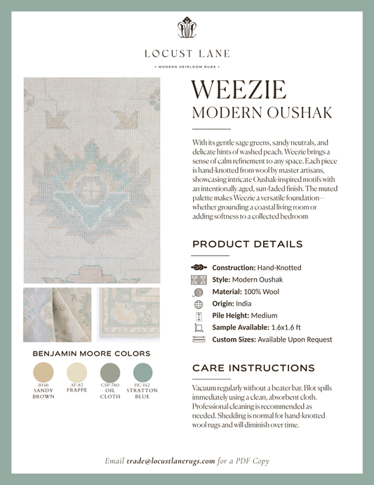 Weezie Modern Oushak rug designer specification sheet featuring product details, Benjamin Moore color palette, care instructions, and close-up images of the handcrafted wool rug.