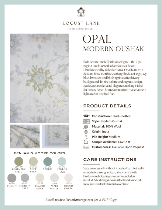 Opal Modern Oushak rug designer specification sheet featuring product details, Benjamin Moore color palette, care instructions, and close-up images of the handcrafted wool rug.
