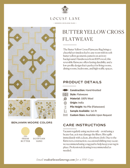 Butter Yellow Cross Flatweave rug designer specification sheet featuring product details, Benjamin Moore color palette, care instructions, and close-up images of the handcrafted wool flatweave rug.