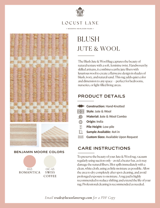 Blush Jute & Wool rug designer specification sheet featuring product details, Benjamin Moore color palette, care instructions, and close-up images of the handcrafted jute and wool rug.