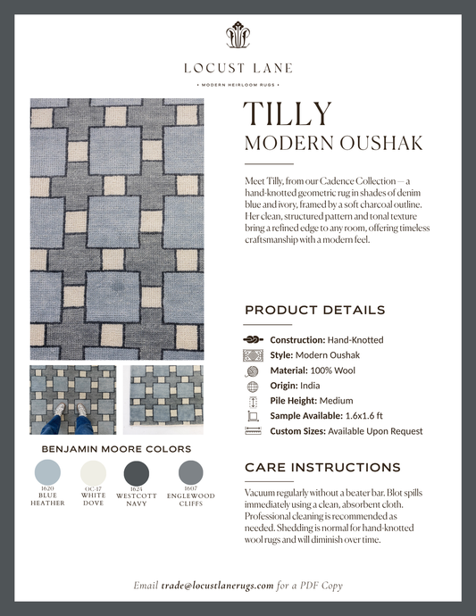 Tilly Modern Oushak rug designer specification sheet featuring product details, Benjamin Moore color palette, care instructions, and close-up images of the handcrafted wool rug.