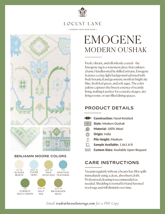 Emogene Modern Oushak rug designer specification sheet featuring product details, Benjamin Moore color palette, care instructions, and close-up images of the handcrafted wool rug.